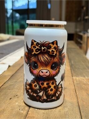 Leopard Bow Highland Cow Stainless Steel Cup- White